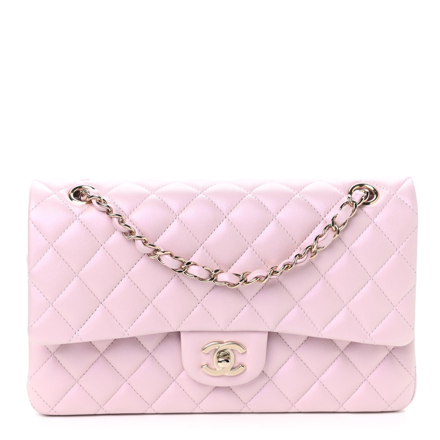 Iridescent Calfskin Quilted Medium Double Flap Light Pink
