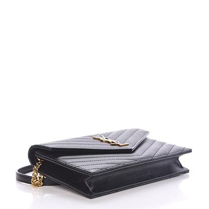 Saint Laurent Grain De Poudre Matelasse Chevron Monogram Envelope Chain Wallet Black 4 of 12