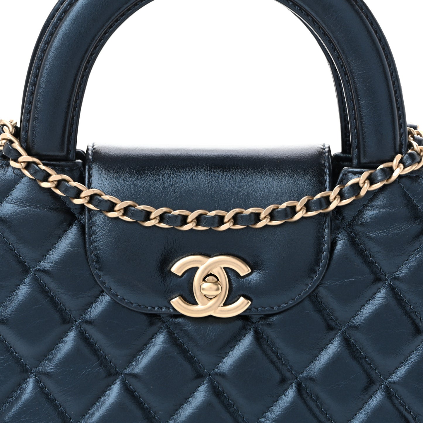Metallic Aged Calfskin Quilted Nano Kelly Shopper Navy