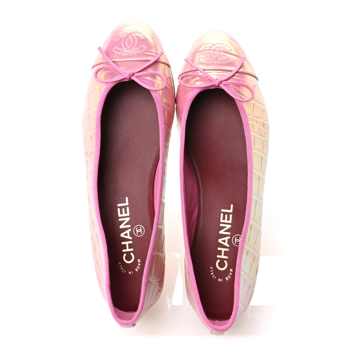 Iridescent Calfskin Crocodile Embossed Ballerina Flats 38.5 Pink