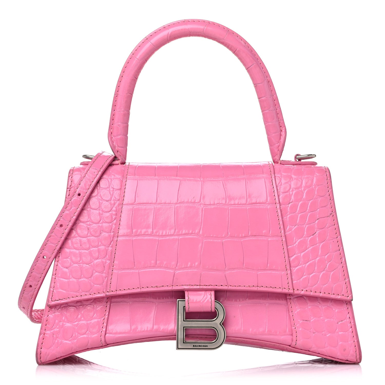Balenciaga Shiny Calfskin Crocodile Embossed Small Hourglass Top Handle Bag Baby Pink 1 of 18