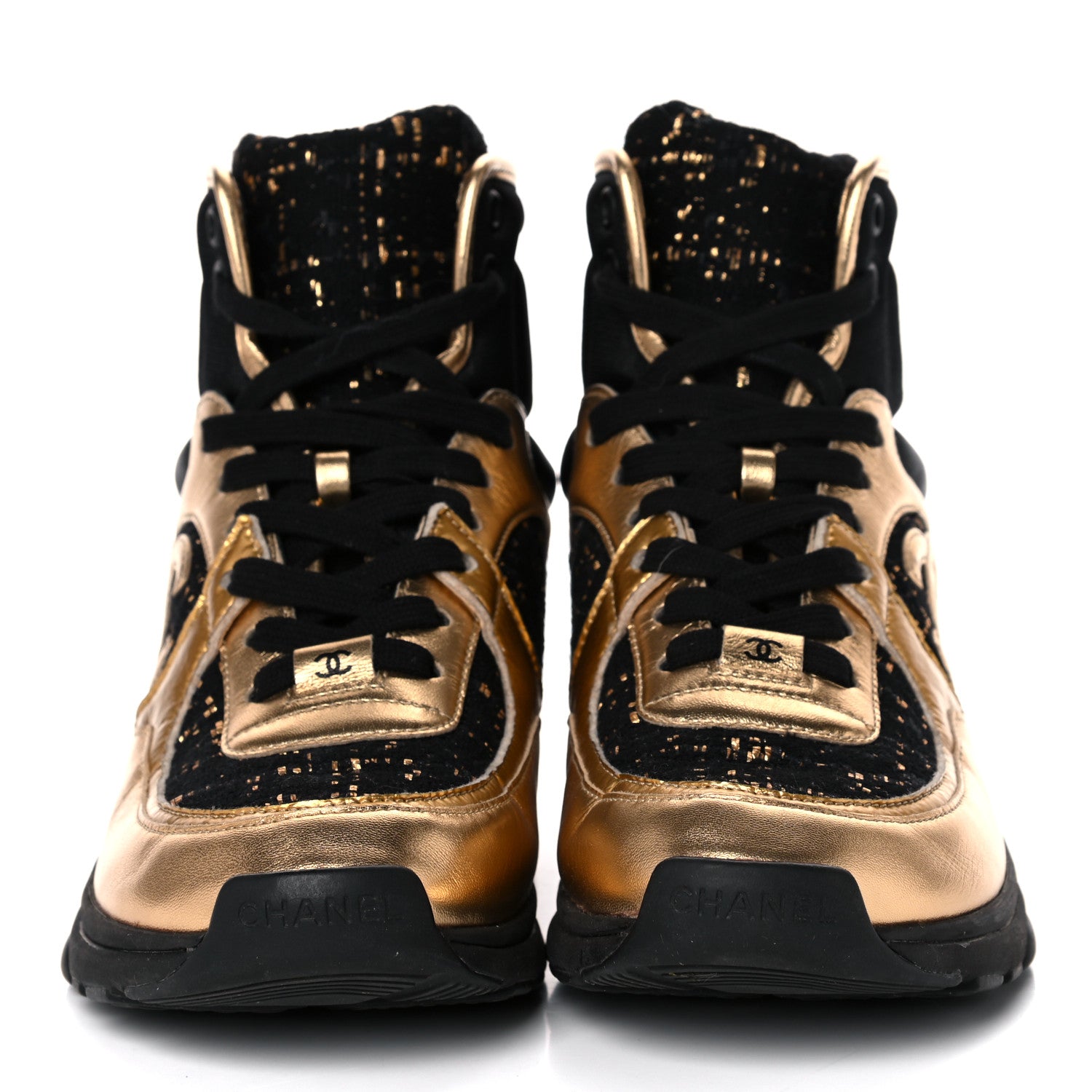 Chanel Satin Lambskin Fabric Tweed CC High Top Sneakers 37.5 Black Gold 2 of 10