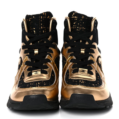 Chanel Satin Lambskin Fabric Tweed CC High Top Sneakers 37.5 Black Gold 2 of 10