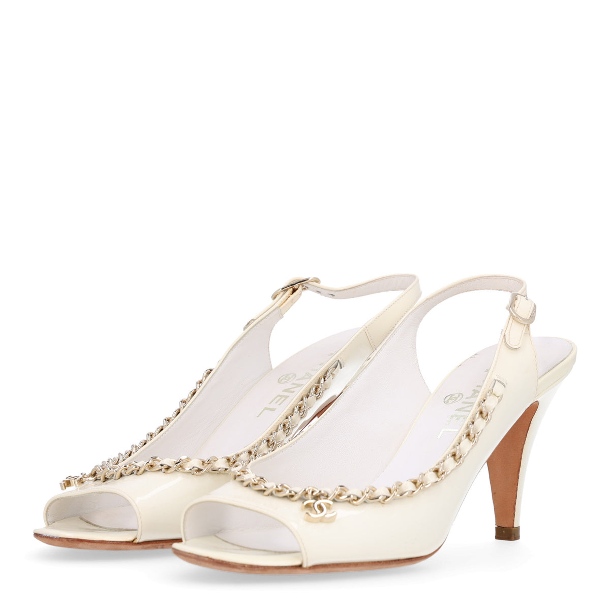 Chanel Patent Chain CC Slingback Sandals 39.5 Beige Black 4 of 10