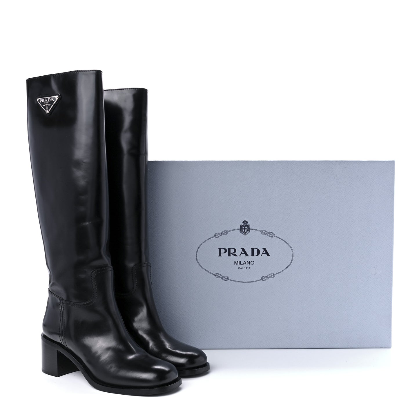 Brushed Calfskin Metal Triangle Logo Riding Boots 39 Black
