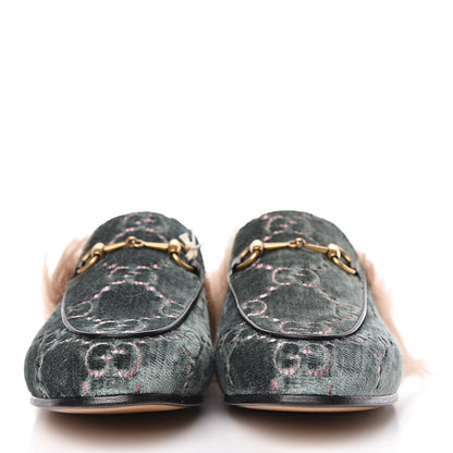 Gucci Velvet GG Monogram Fur Womens Princetown Slippers 38 Avio Dusty Pink 2 of 8