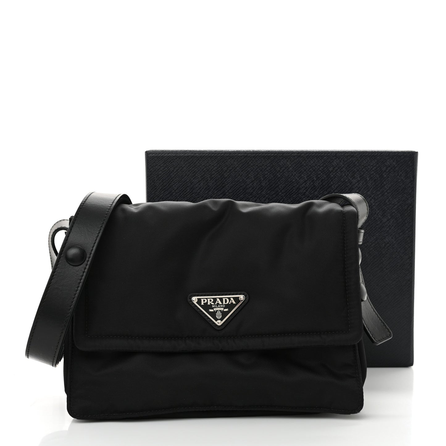 Re-Nylon Vitello Padded Small Flap Shoulder Bag Black