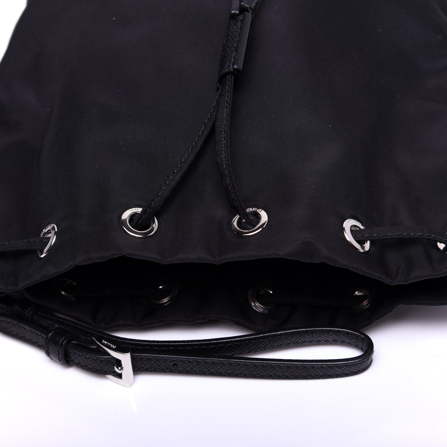 Saffiano Tessuto Nylon Vela Bucket Wristlet Black