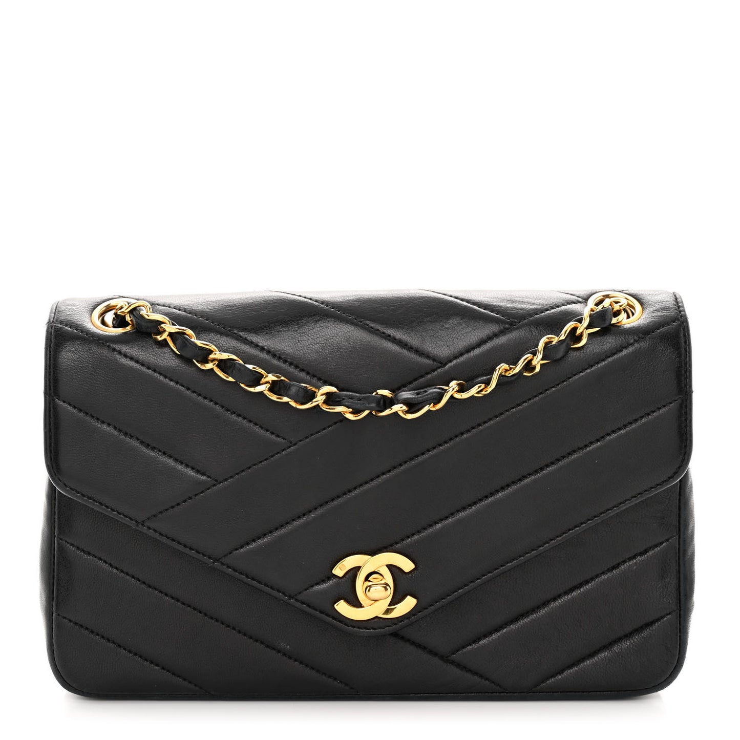Lambskin Chevron Quilted Single Flap Black