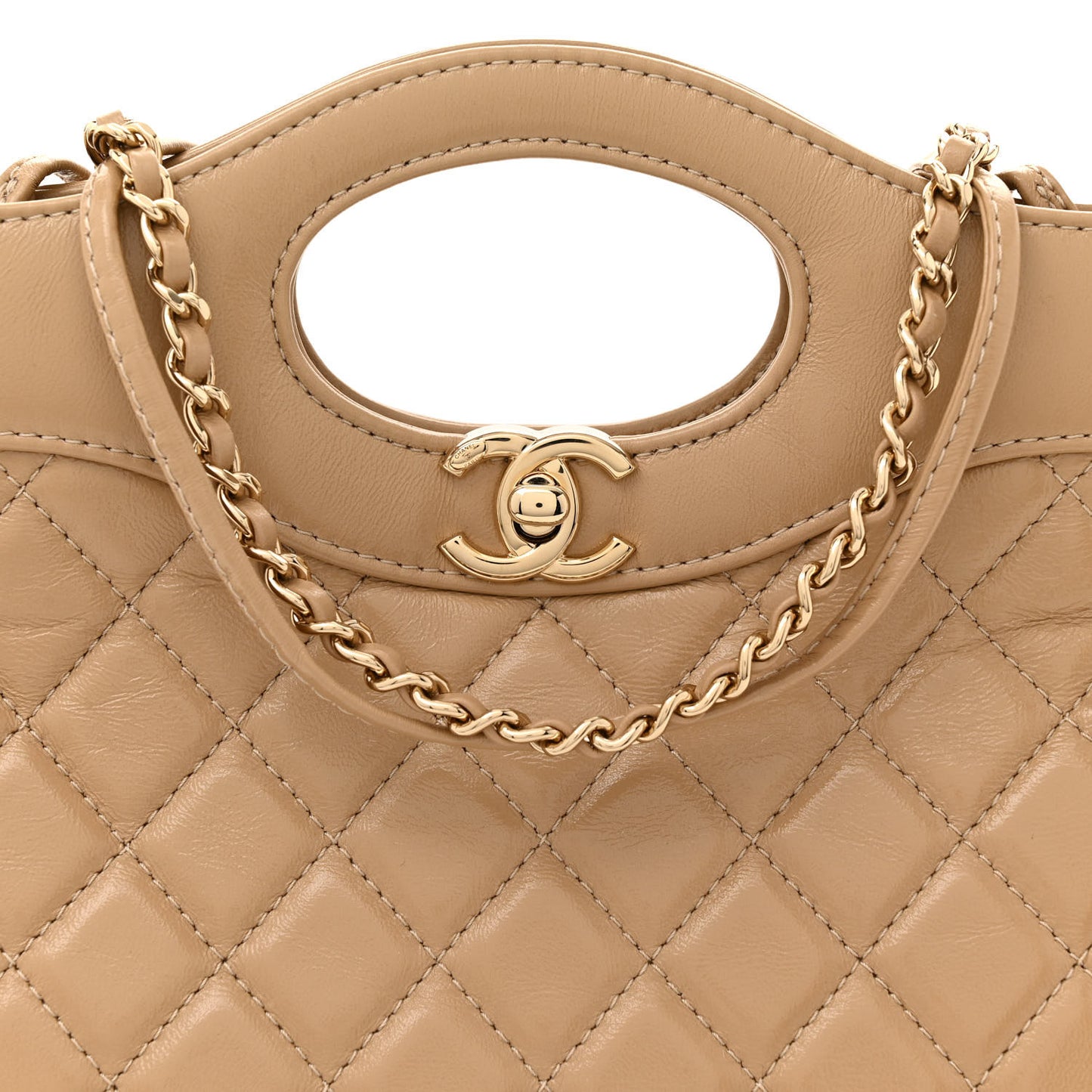 Shiny Crumpled Calfskin Quilted Mini 31 Shopping Bag Dark Beige