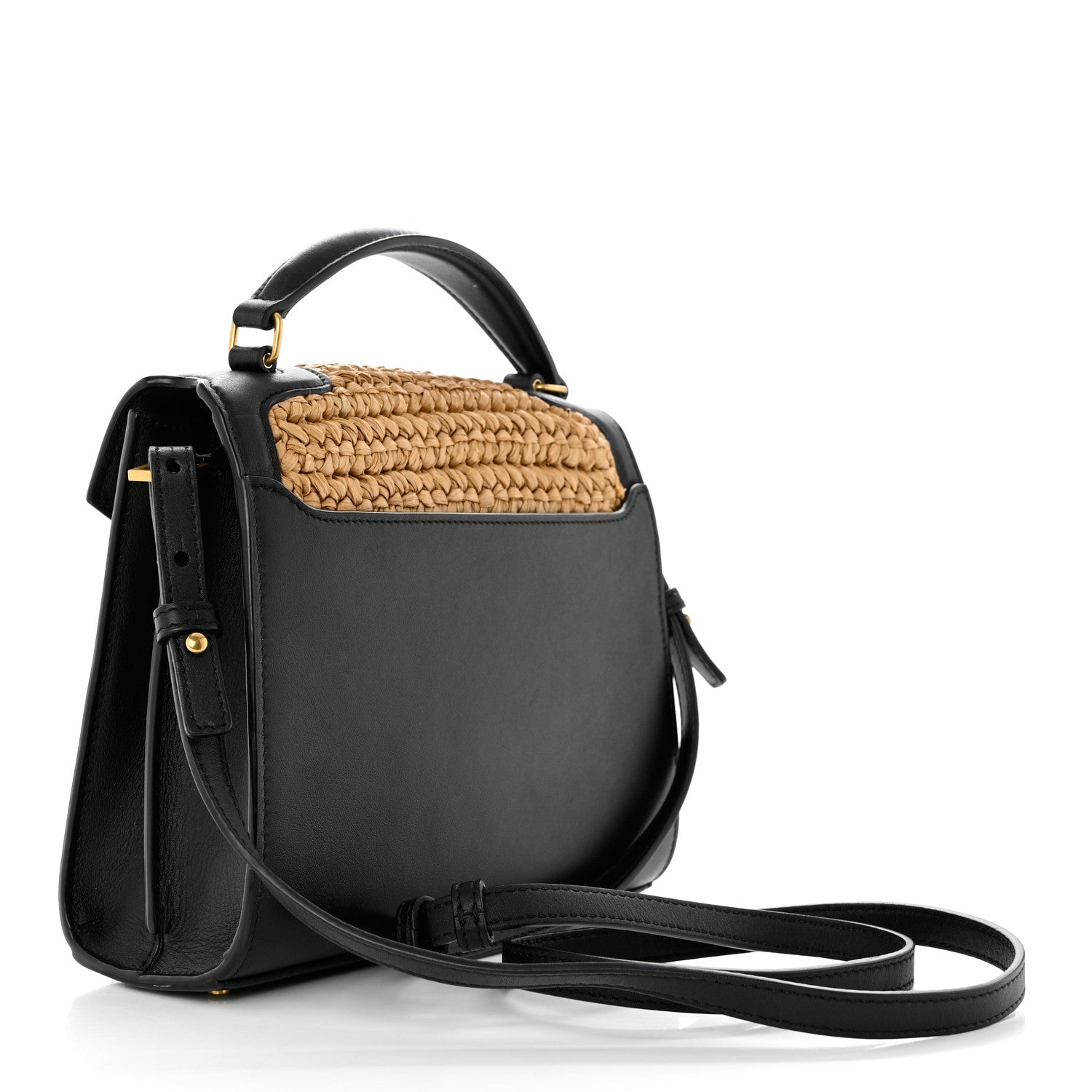 Saint Laurent Raffia Calfskin Mini Classic Monogram Cassandra Top Handle Black Natural 3 of 9