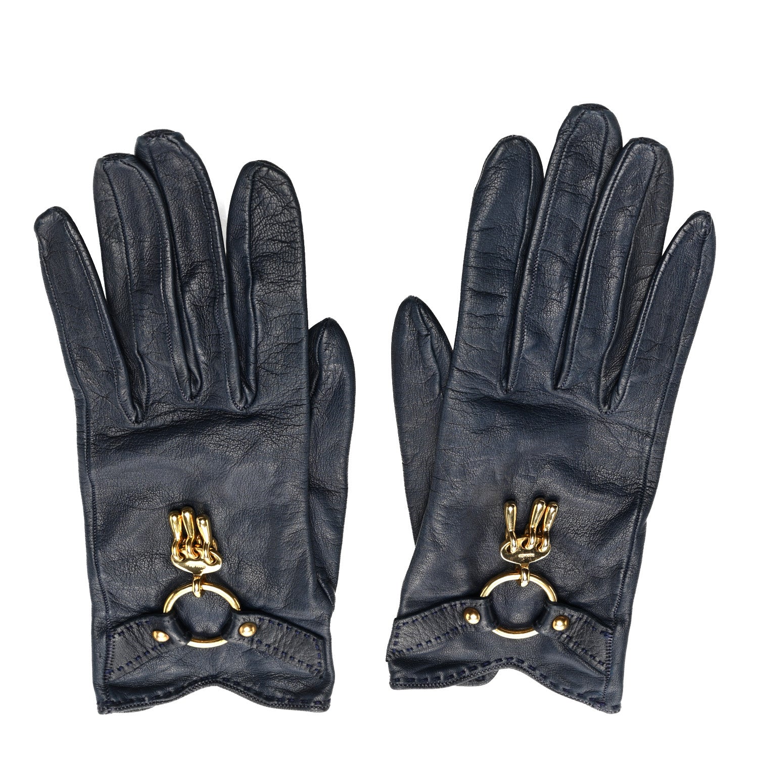 Hermes Lambskin Charm Gloves 6 Navy 1 of 3