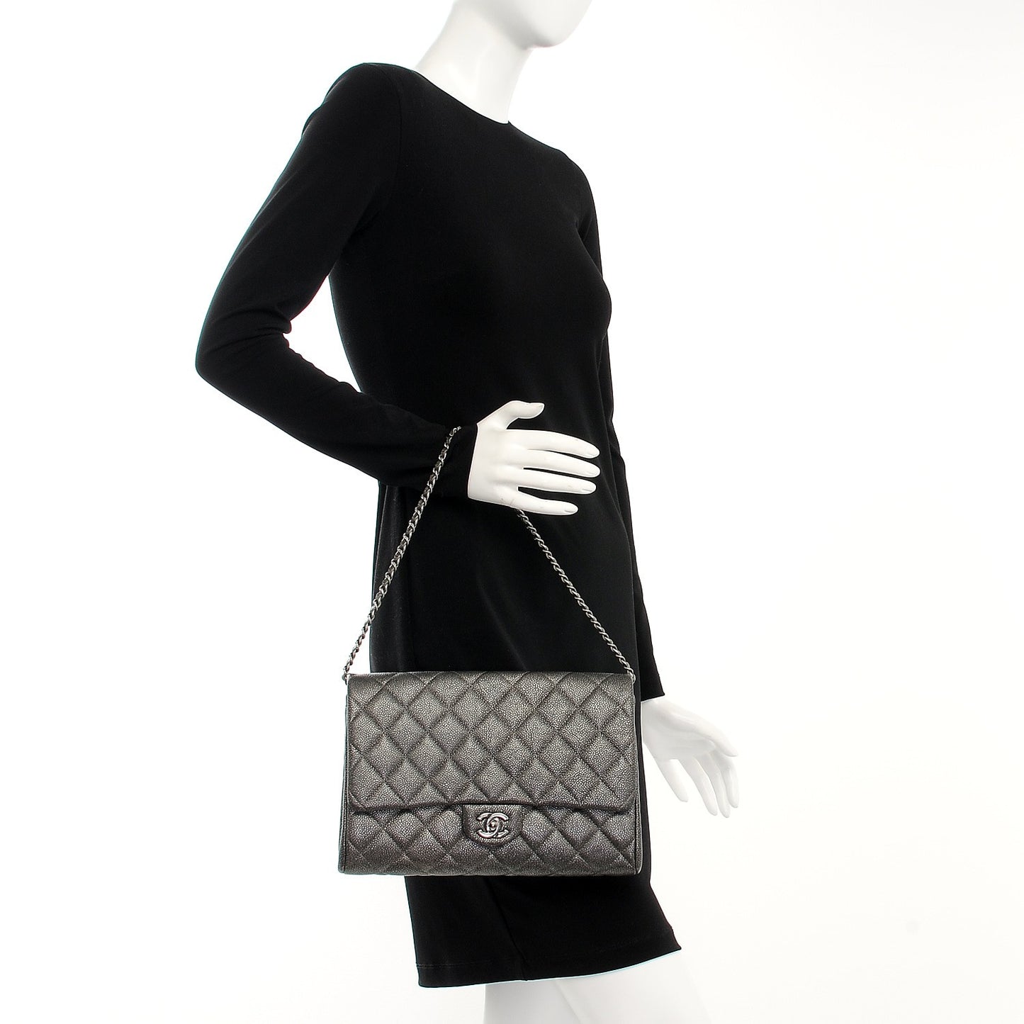 Metallic Caviar Quilted Clutch With Chain Flap Dark Silver
