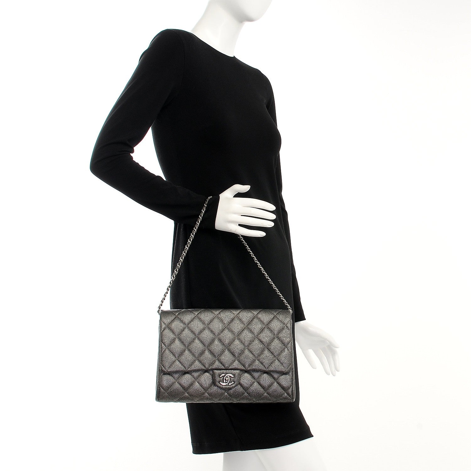 Chanel Metallic Caviar Quilted Clutch With Chain Flap Dark Silver 2 of 7