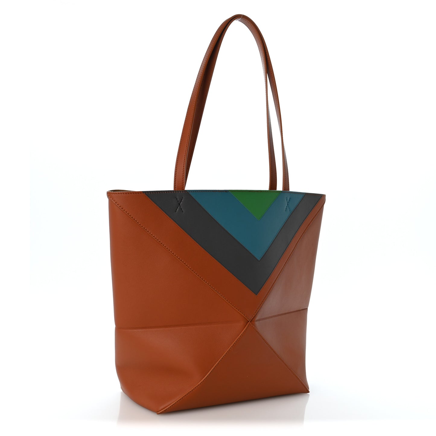 x Albers Calfskin Medium Puzzle Fold Tote Caramel Bright Green