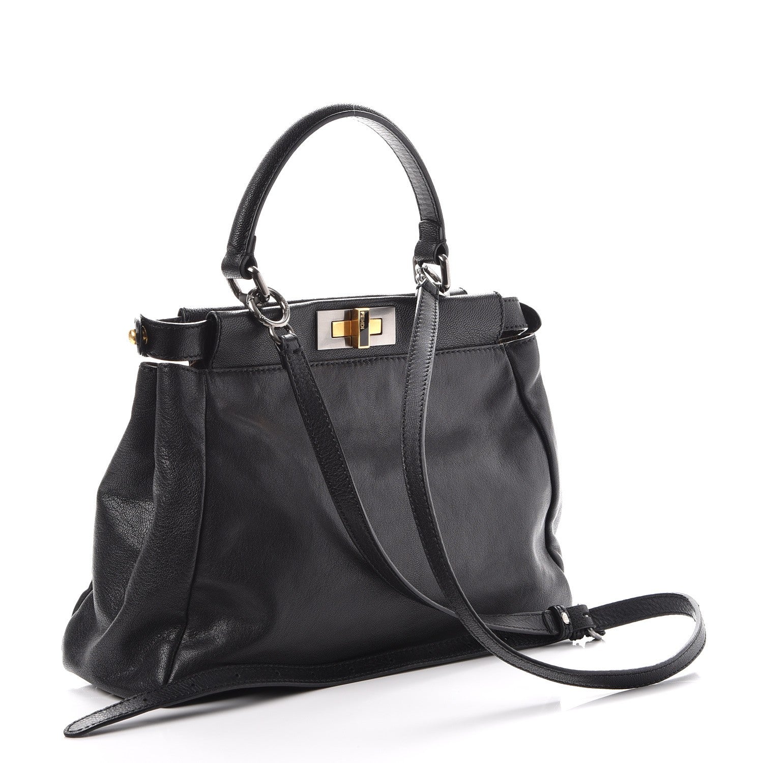 Fendi Goatskin Zucca Medium Peekaboo Iconic Satchel Black Tobacco 3 of 6