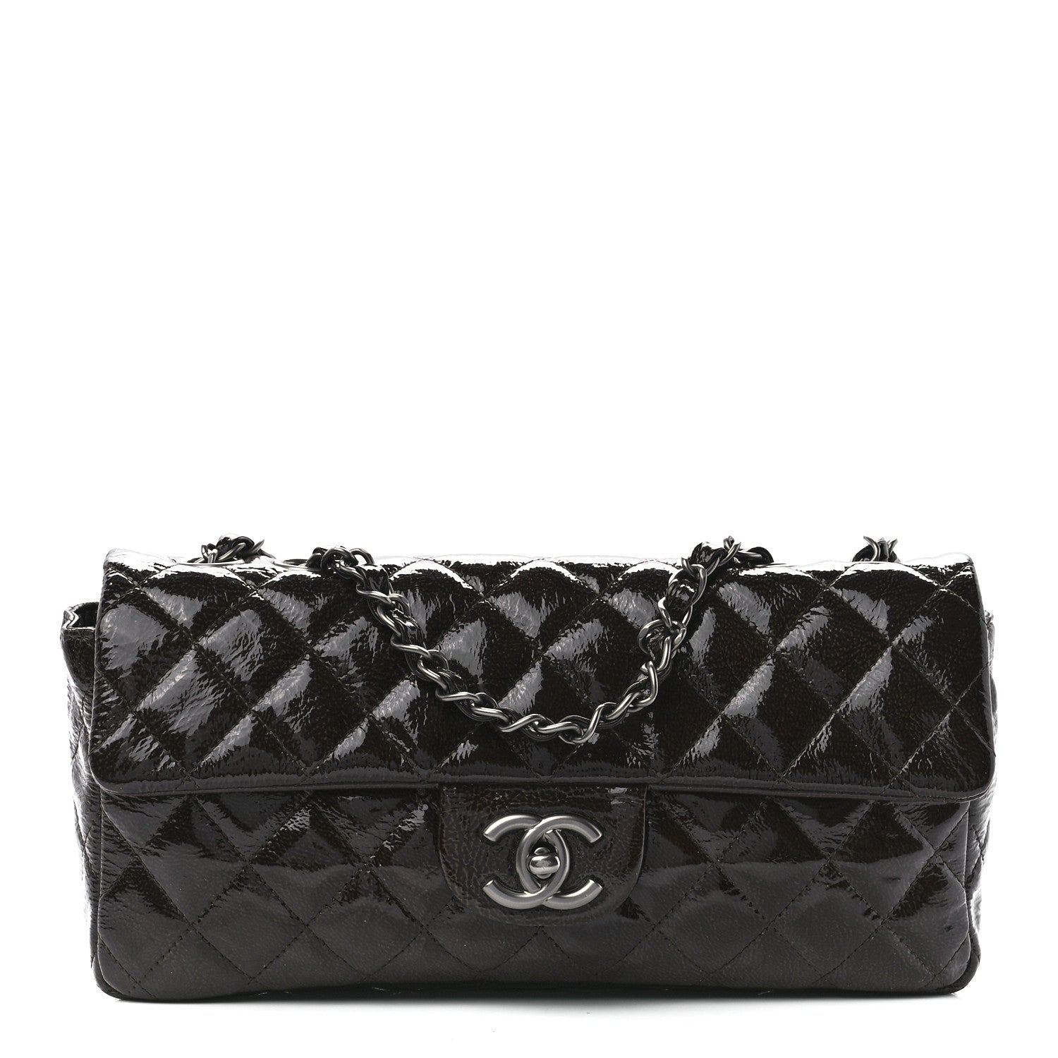 Chanel Crinkled Patent Quilted East West Flap Brown 1 of 12