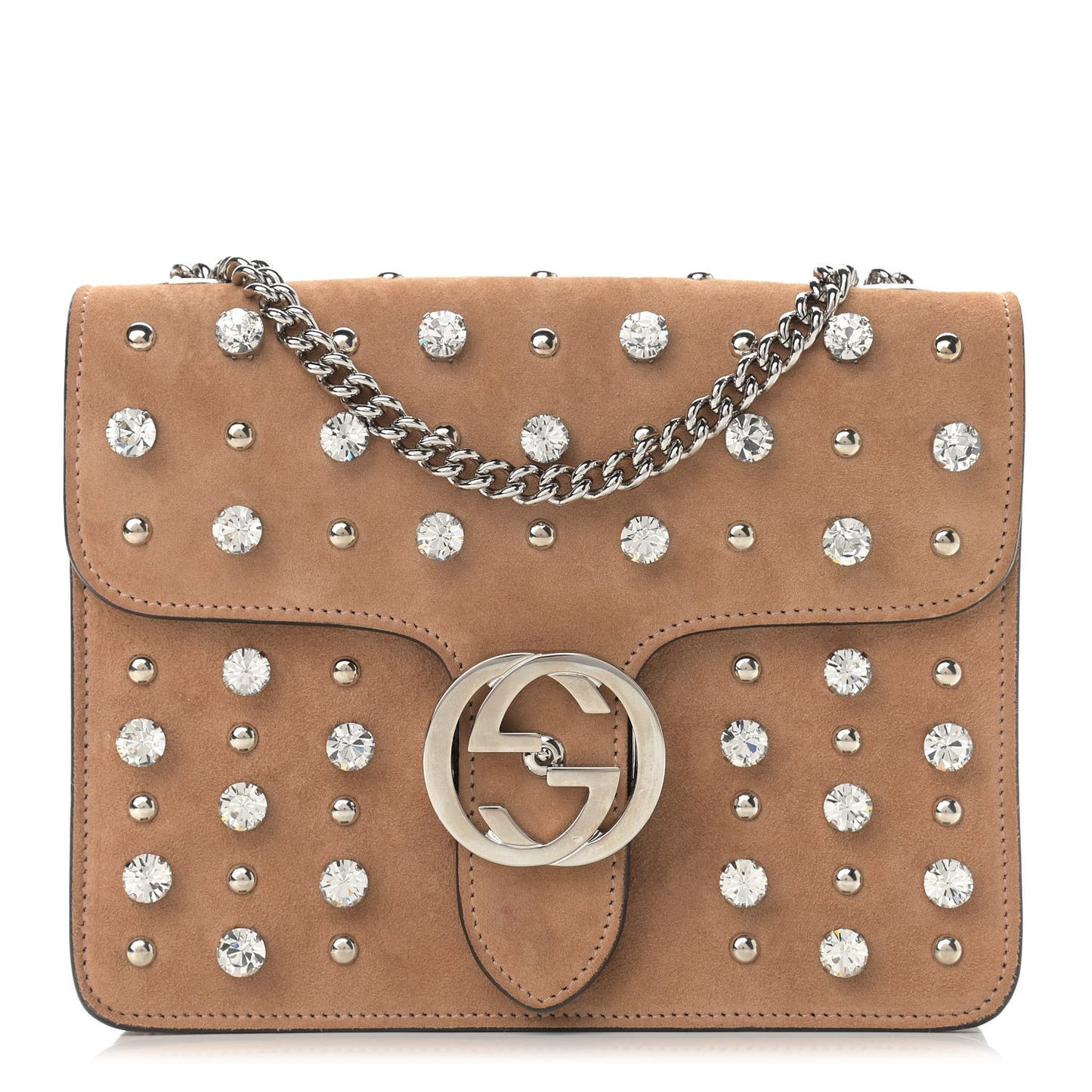 Suede Crystal Small Interlocking G Shoulder Bag Taupe