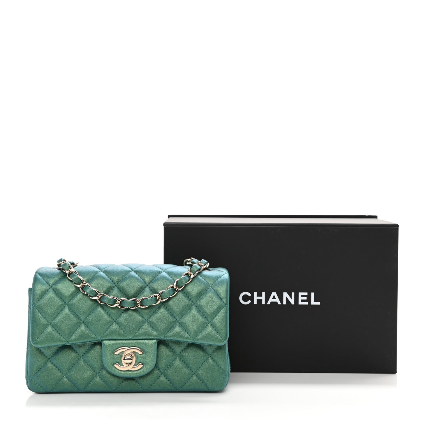 Iridescent Calfskin Quilted Mini Rectangular Flap Green