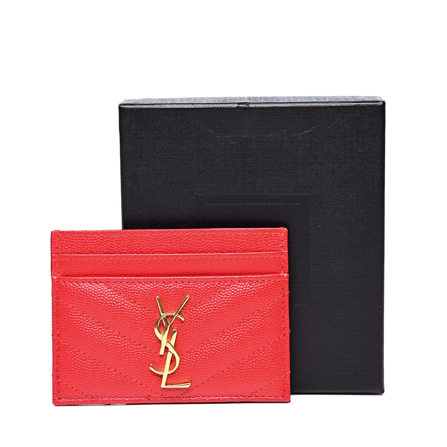 Saint Laurent Grain De Poudre Matelasse Chevron Monogram Credit Card Case New Red 10 of 10