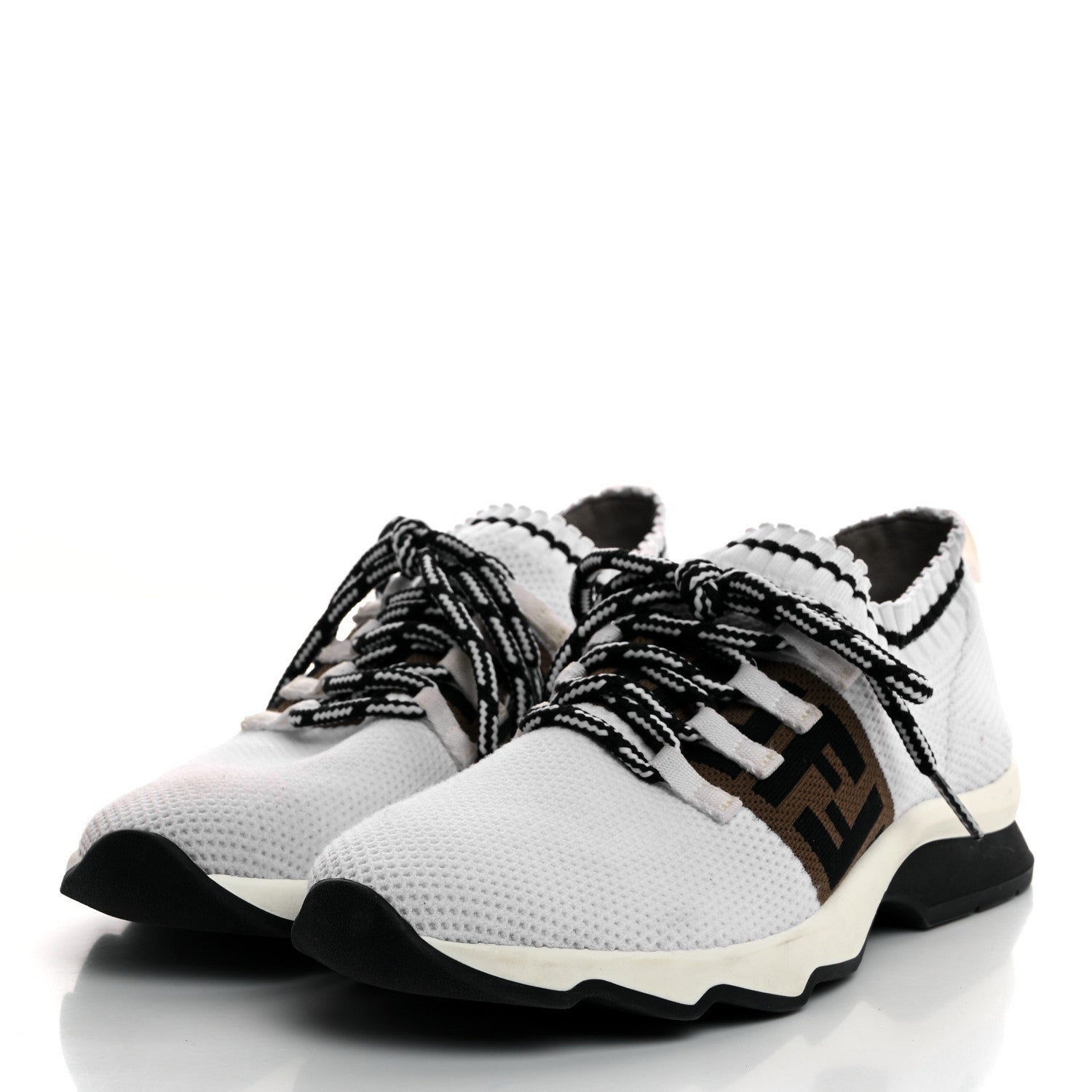 Fendi Stretch Knit Jacquard FF Lace-Up Sock Sneakers 38 Tobacco White Black 3 of 8