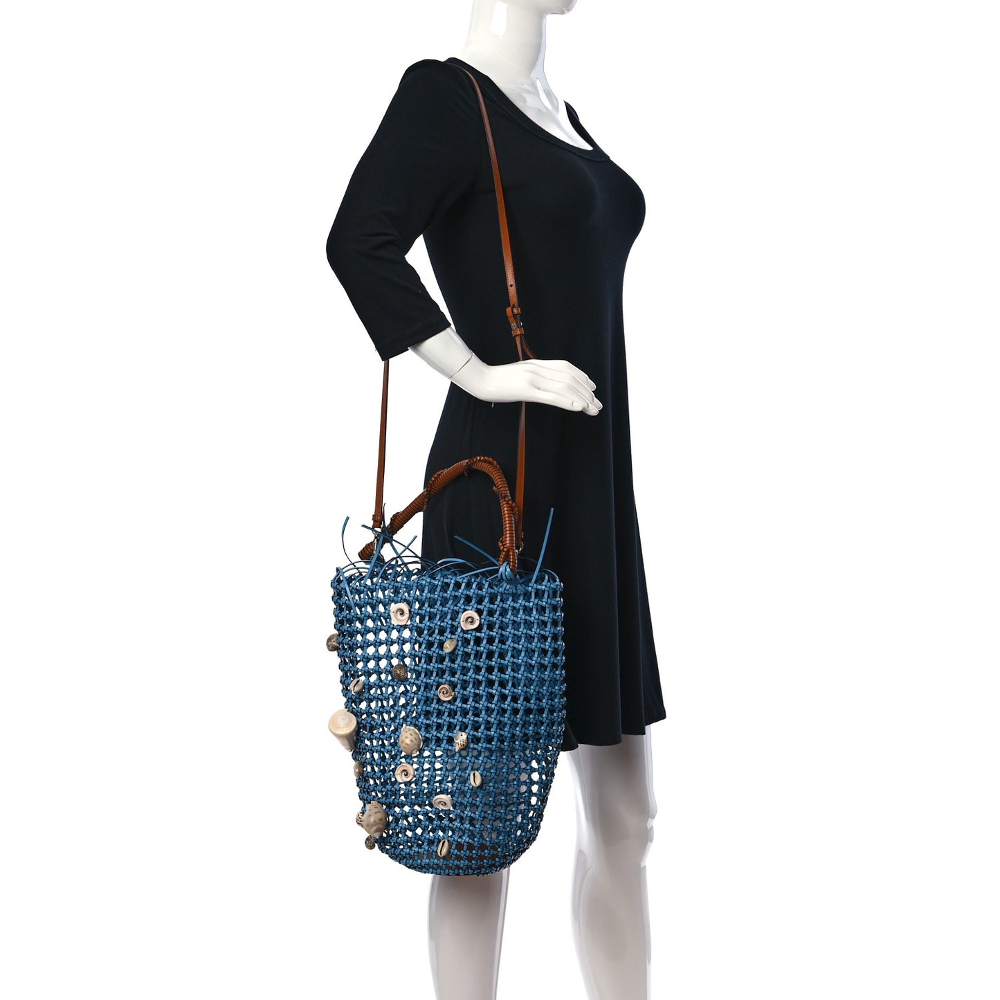 Calfskin Knotted Mesh Paula's Ibiza Seashell Bucket Bag Soft Blue