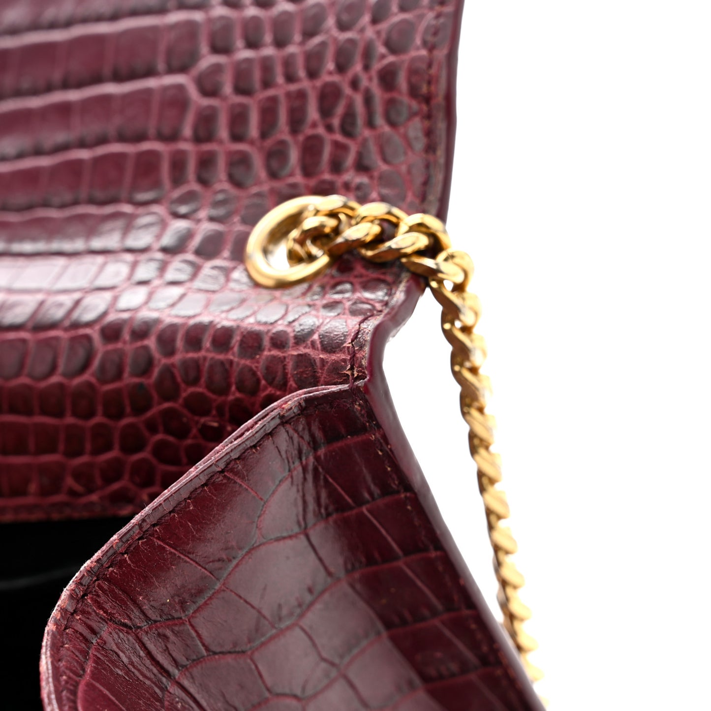 Calfskin Crocodile Embossed Medium Classic Monogram Kate Tassel Satchel Dark Red