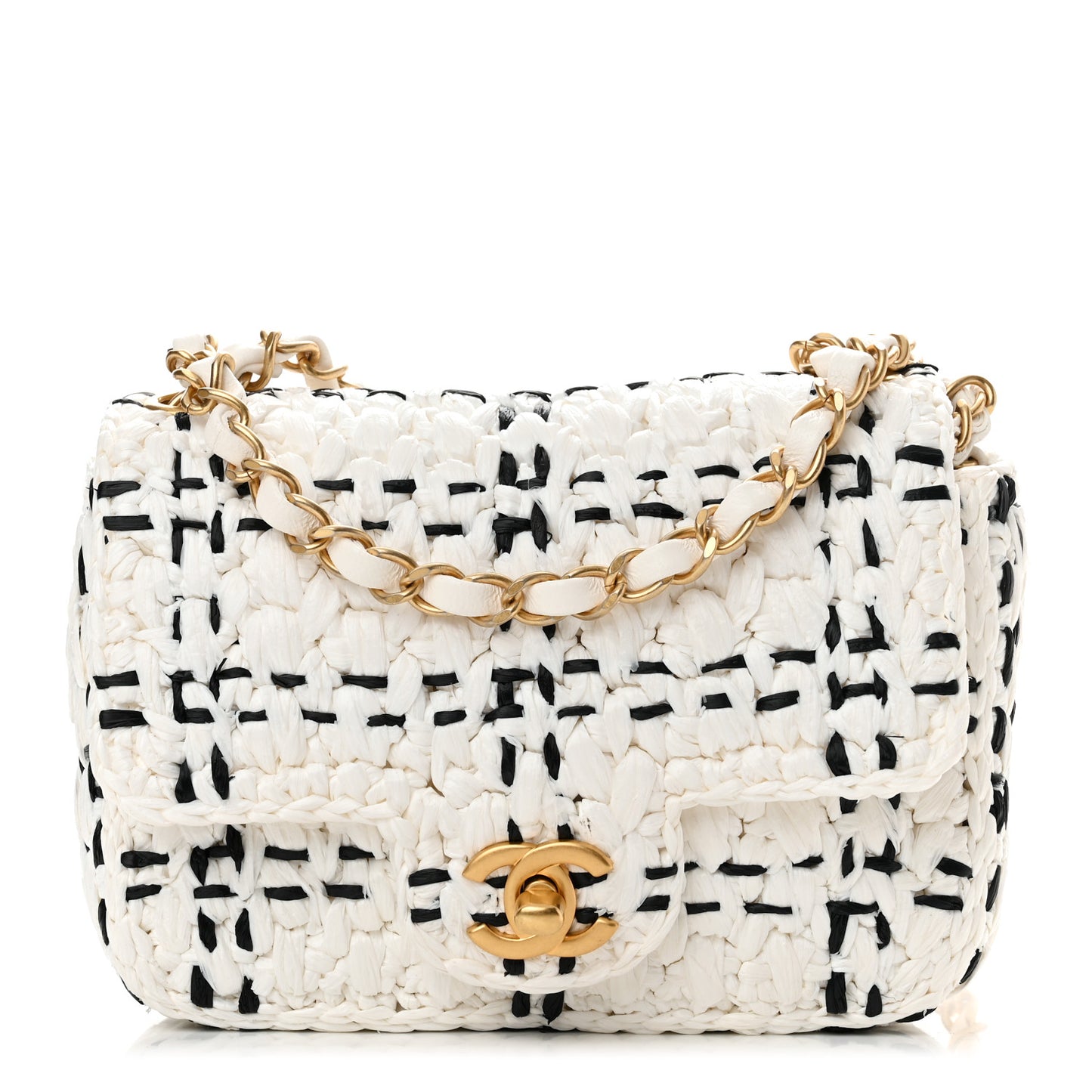 Raffia Effect Tweedy Mini Flap Bag White Black