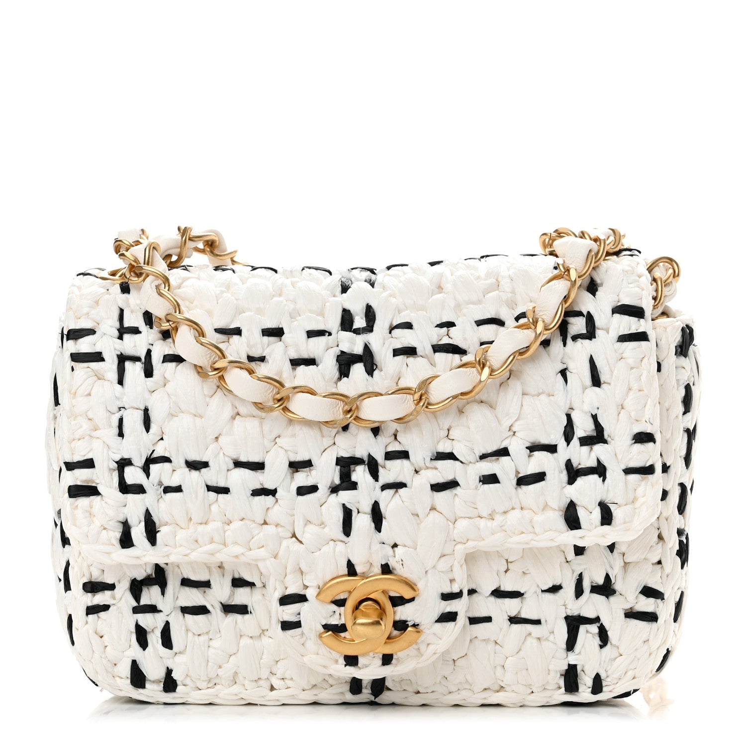 Chanel Raffia Effect Tweedy Mini Flap Bag White Black 1 of 10