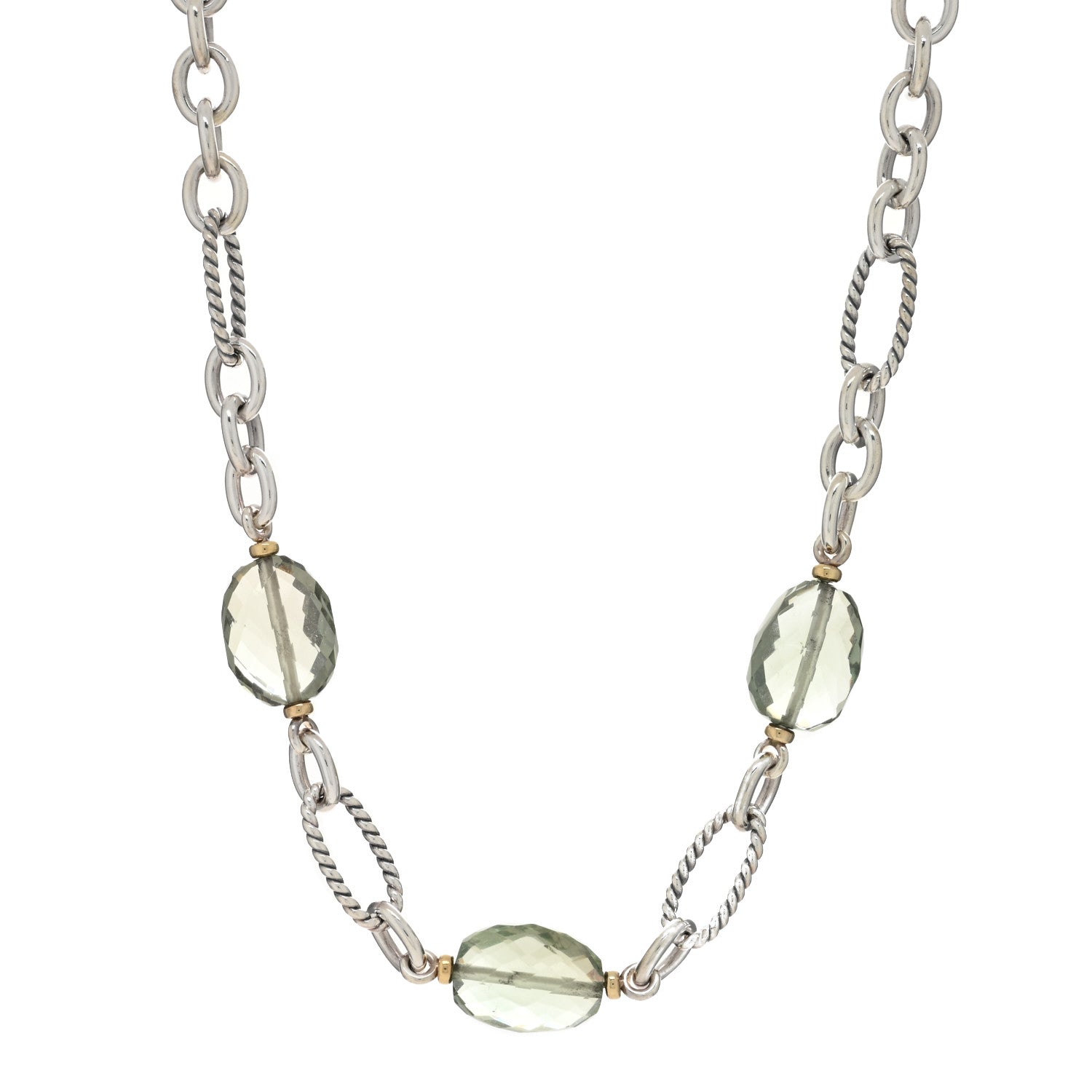David Yurman Sterling Silver 18K Yellow Gold Prasiolite Figaro Station Necklace 1 of 4