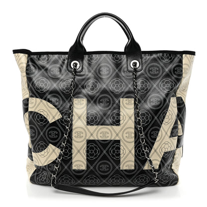 Chanel Coated Canvas Camellia Medium Shopping Tote Black Beige 1 of 9
