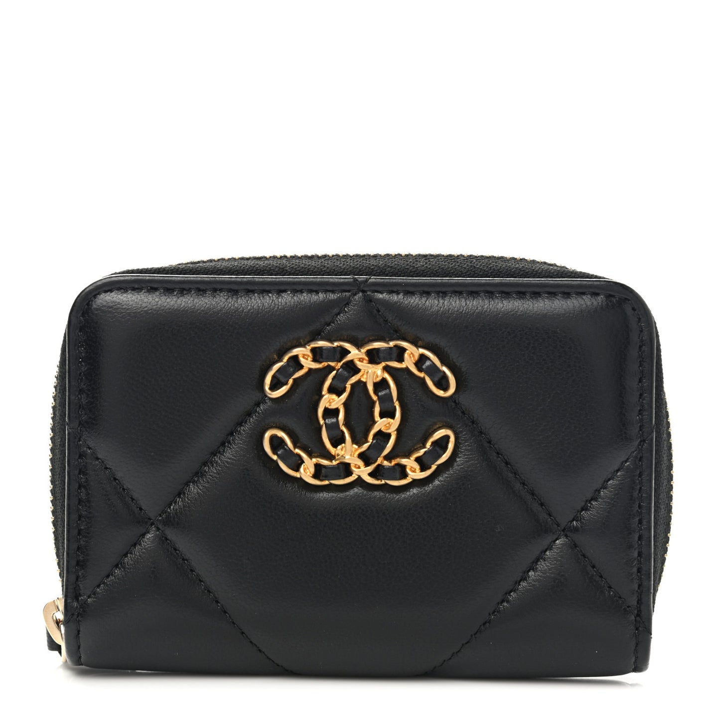 Lambskin Quilted Chanel 19 Zip Around Coin Purse Wallet Black