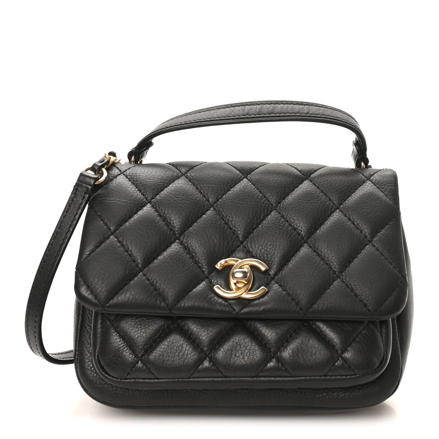 Calfskin Quilted Top Handle Flap Black