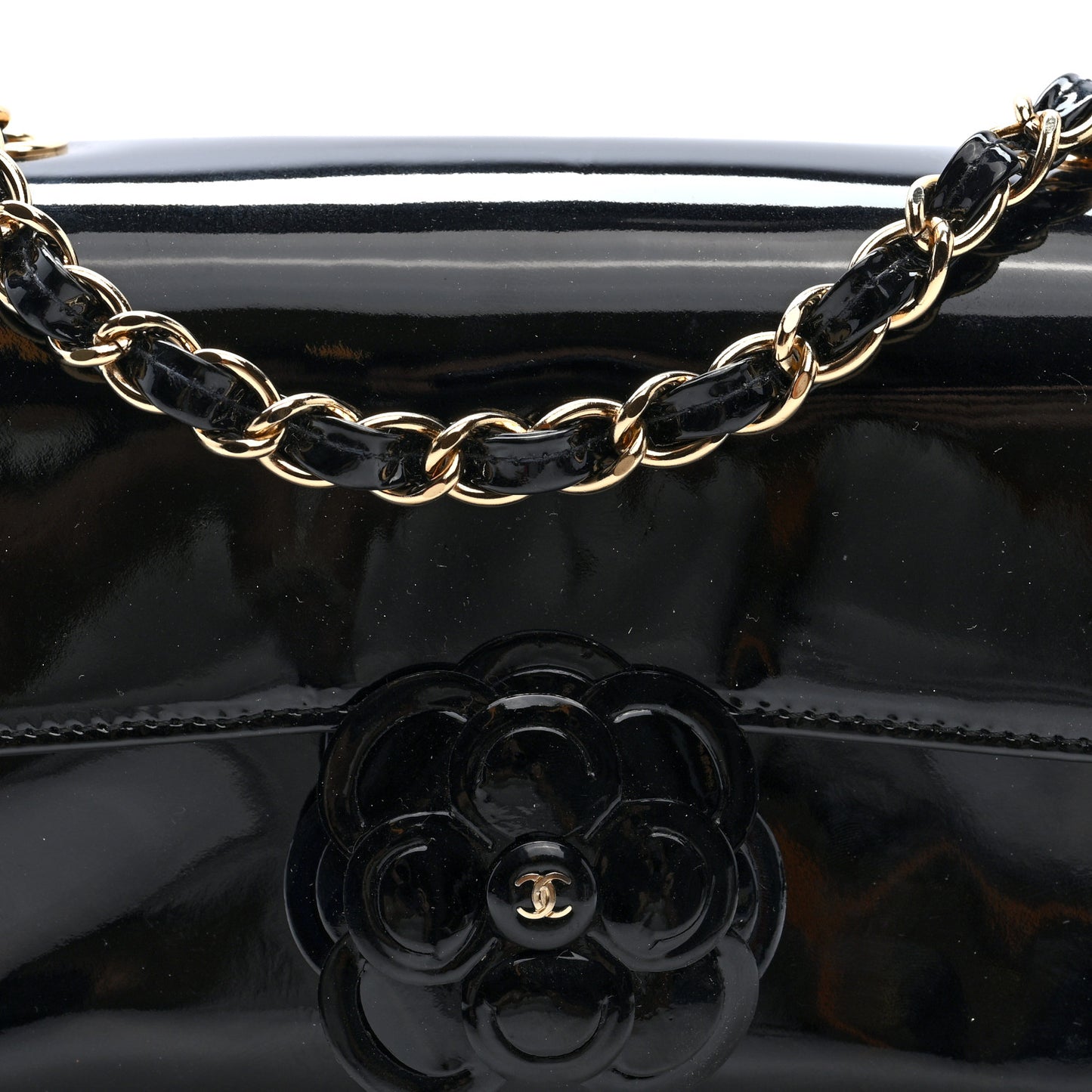 Patent Calfskin Small Camellia Flap Black