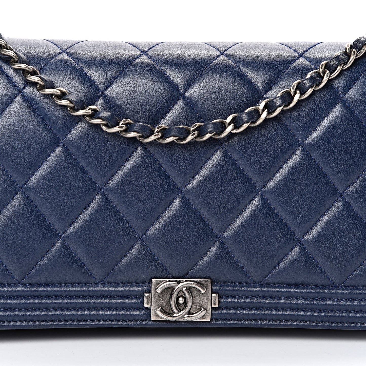 Lambskin Quilted Boy Wallet On Removable Chain WOC Navy Blue