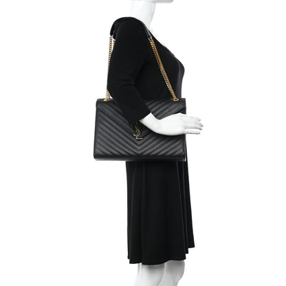 Saint Laurent Grain De Poudre Matelasse Chevron Large Monogram Satchel Black 2 of 10