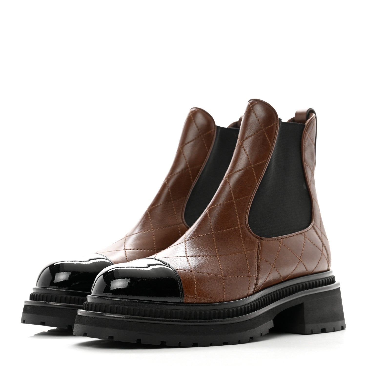 Chanel Calfskin Patent Cap Toe Quilted Short Boots 39 Brown Black 3 of 10