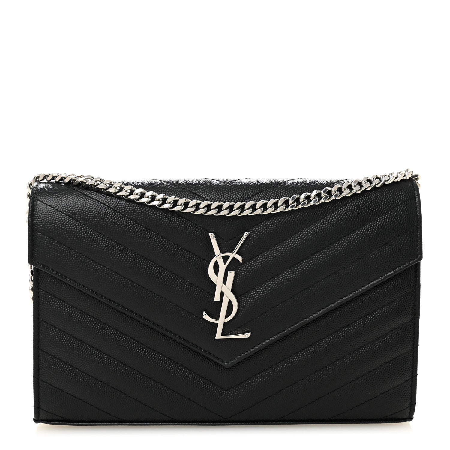 Saint Laurent Grain De Poudre Matelasse Chevron Monogram Chain Wallet Black 1 of 10