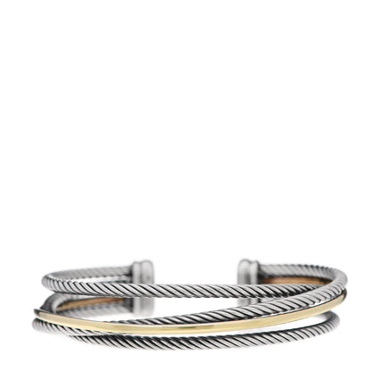 David Yurman Sterling Silver 18K Yellow Gold Crossover Three Row Cuff Bracelet 1 of 4