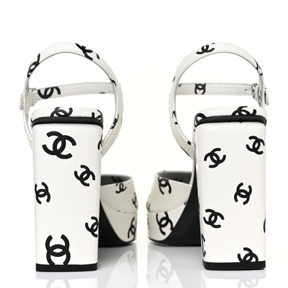 Chanel Printed Lambskin Coco Beach Platform Sandals 39 White Black 4 of 10
