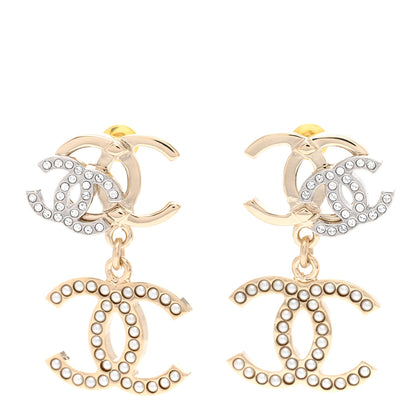 Chanel Crystal Pearl Double CC Drop Earrings Gold Silver 1 of 4