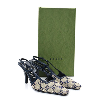 Gucci GG Monogram Malaga Kid Crystal Square G 75mm Slingback Pumps 37 Beige Blue 9 of 9