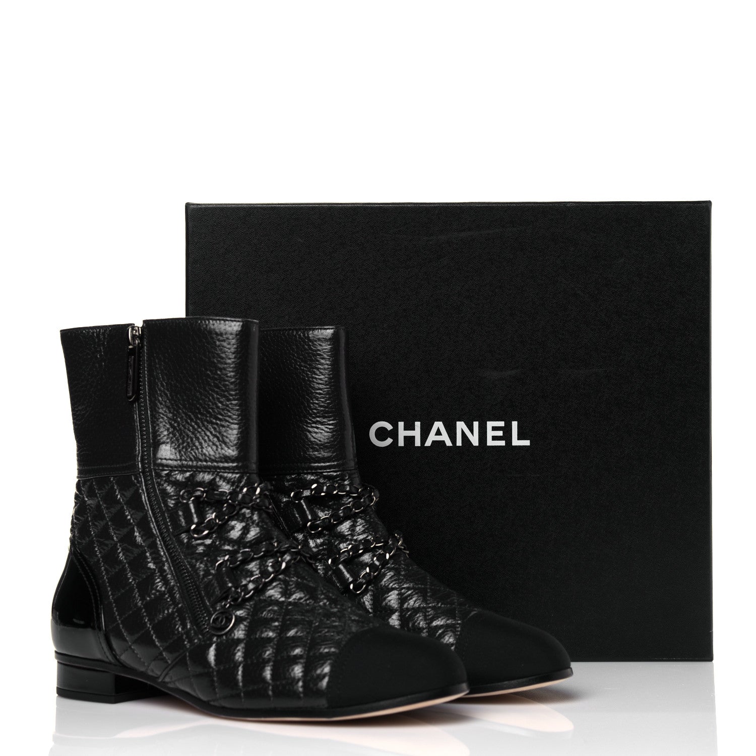 Chanel Glazed Deerskin Grosgrain Quilted Cap Toe Chain Boots 38.5 Grey Black 8 of 8
