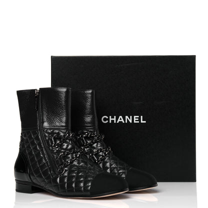 Chanel Glazed Deerskin Grosgrain Quilted Cap Toe Chain Boots 38.5 Grey Black 8 of 8
