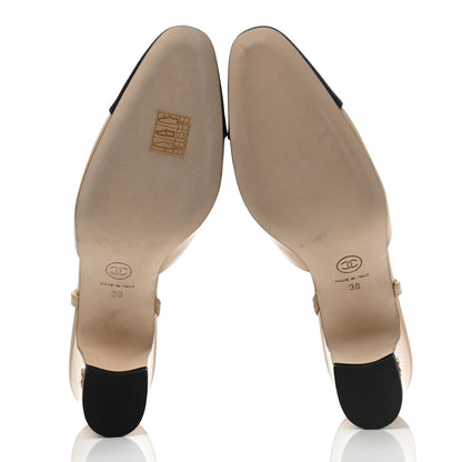 Chanel Goatskin Grosgrain Cap Toe CC Slingback Pumps 38 Beige Black 5 of 8