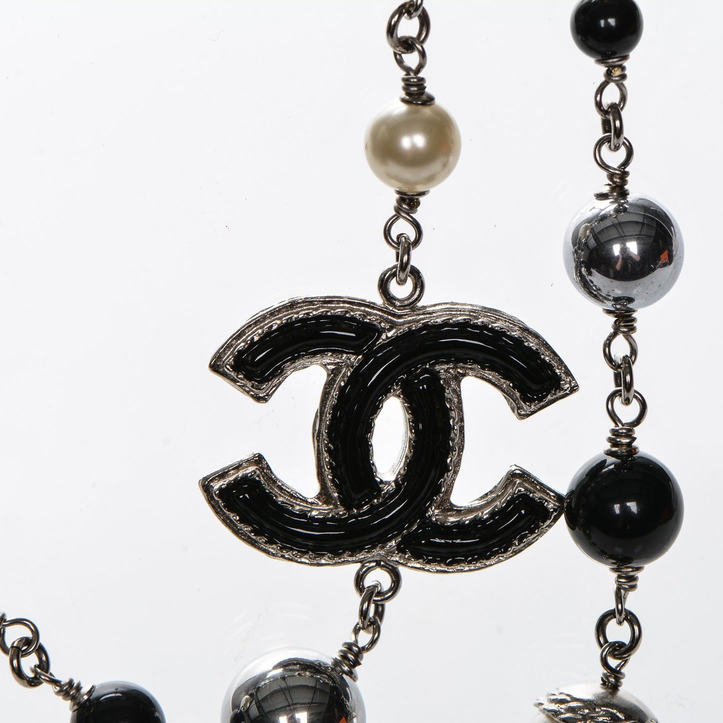 Pearl Bead Enamel CC Long Necklace Silver Black Grey