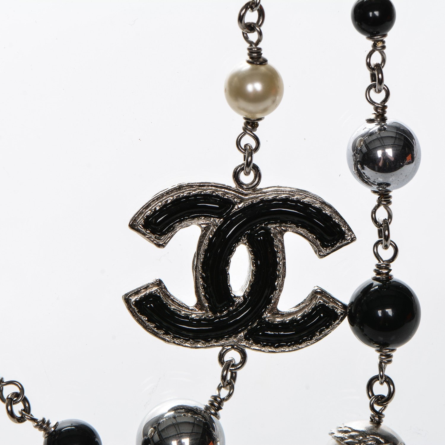 Chanel Pearl Bead Enamel CC Long Necklace Silver Black Grey 4 of 6