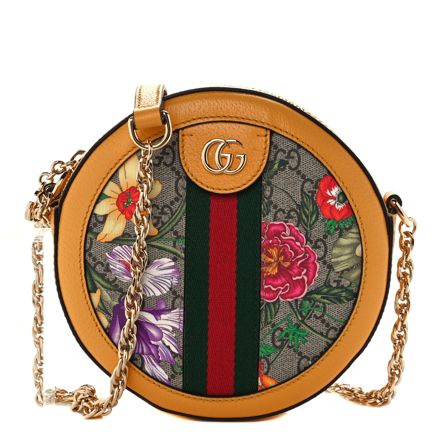 GG Supreme Monogram Flora Web Mini Ophidia Round Shoulder Bag Beige Multicolor Crop