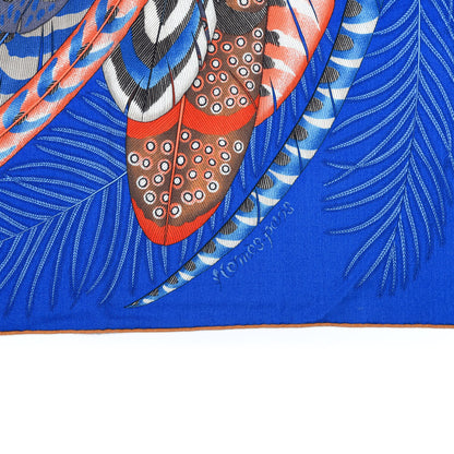 Hermes Cashmere Silk Plumes En Fete Shawl 140 Bleu Roy Jaune Rouge 3 of 6