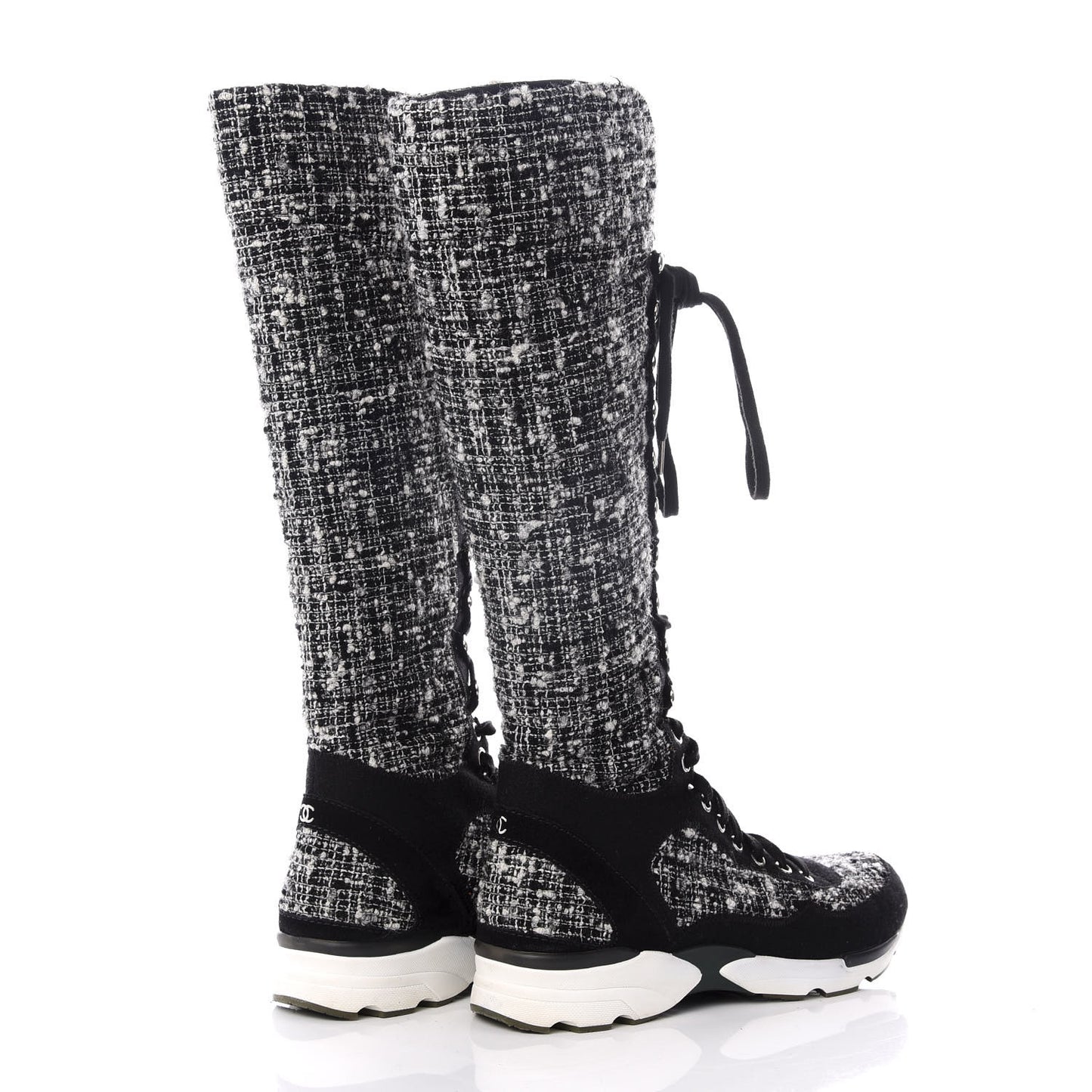Tweed Suede Calfskin Sneaker High Boots 37 Black White